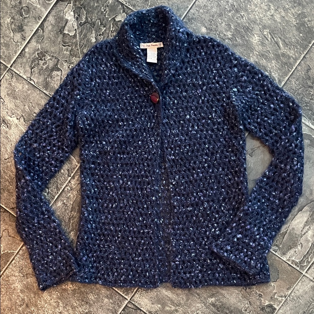 FREE PEOPLE Vintage Womens Blue Cardigan Sweater Y2K Retro Mohair Crochet Style